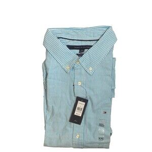 Tommy Hilfiger Oxford Shirt~Short Sleeves~Aqua Blue Stripes~100% Cotton~Mens XXL